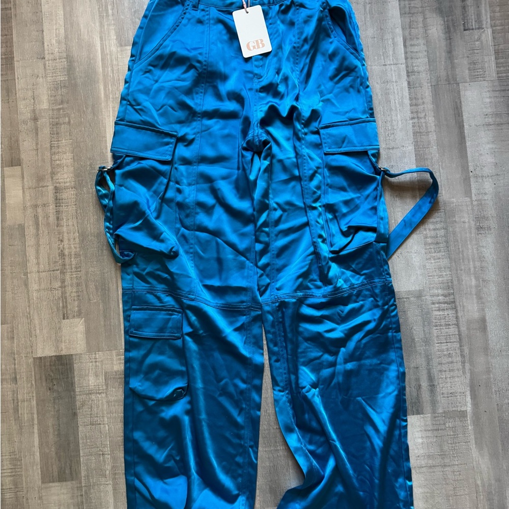 NWT Blue Satin Cargo Pants